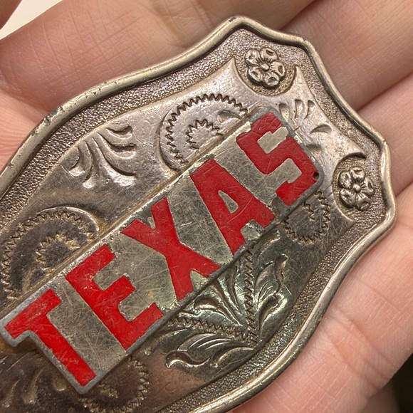 Vintage Texas Belt Buckle Red Enamel Western Floral Silver Tone Collectible - Picture 5 of 12